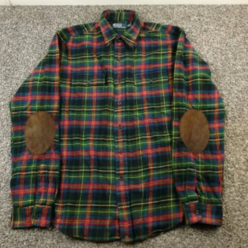 Vintage Polo Ralph Lauren Shirt Flannel Tartan Plaid Elbow Patches Mens XL